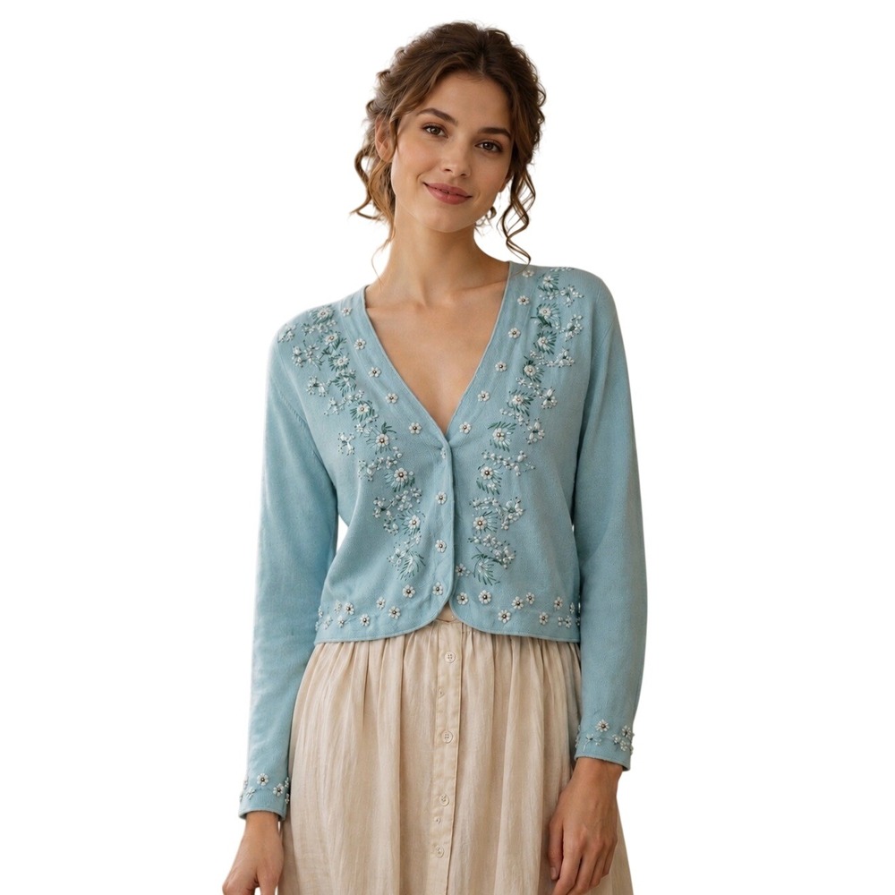 NWT Storybook Knits Blue Crop Cardigan Sweater Pearl Fairycore Cottagecore 2X
